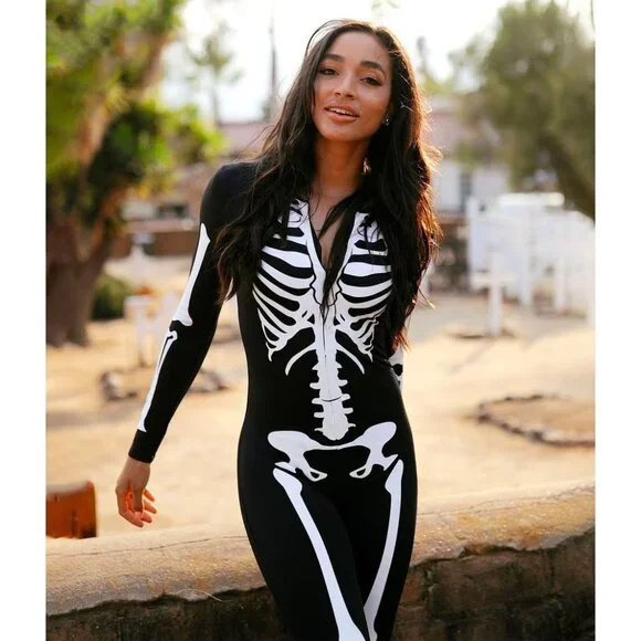 Women's White Skeleton Form Fitting Bodysuits Halloween Sexy Skeleton Costume - Picture 5 of 7